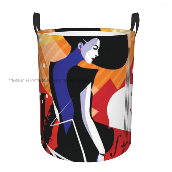 Bolsas de lavandería Cesta plegando Arte de la mujer de la mujer en la cubierta de almacenamiento redondo musical