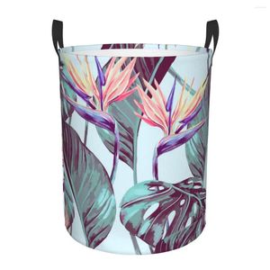 Sacs à linge Panier de pliage fleurs fleurs jungle feuilles paradis rangement rond bac grand panier pliable à vêtements