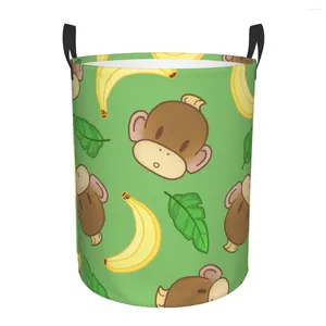Sacs à linge Panier de pliage des singes bruns drôles et bananes randonnées rond bac grand panier plitable à vêtements de jouet Organisateur
