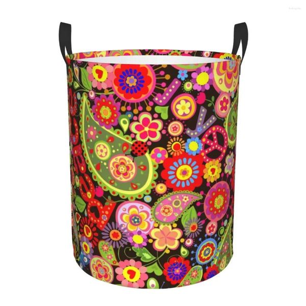 Sacs à linge panier pliant hippie fleurs colorées bac de rangement rond grand panier pliable vêtements jouet seau organisateur