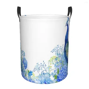 Sacs à linge Panier de pliage panier aquarelle fleurs bleues Boule Round Rangement Bac Grand Hamper Charpace Clothes Toy Bucket Organisateur