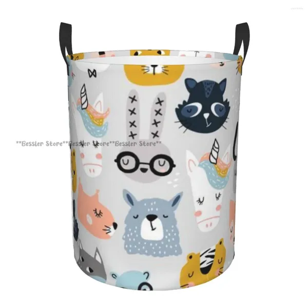 Sacs à linge Panier pliant Panier scandinave Animaux visages Round Storage Bin Grand panier Organisateur de seau à vêtements pliants