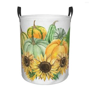 Sacs à linge Panier de pliage Sunflower et citrouille Round Rangement Bin Grand Hamper Organisateur de seau de jouets à vêtements pliables