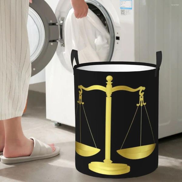 Sacs à linge Balances d'or de la justice sur noir gardant la loi et l'ordre panier circulaire panier de rangement étanche grands livres de cuisine