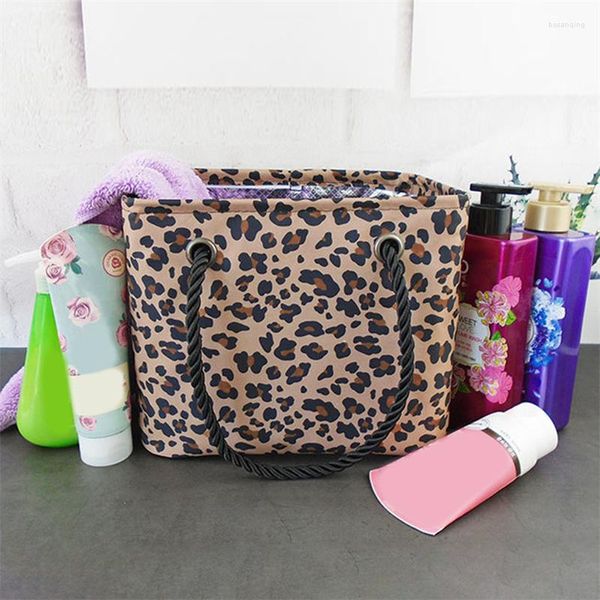 Bolsas de lavandería Bolsa de gran capacidad Moda Espesada Leopardo Impresión Cesta de ducha Reutilizable Impermeable Oxford Paño Baño Fitness Lavado