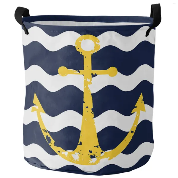 Bolsas de lavandería Azul marina Azul ancla amarilla Anchor plegable Almacenamiento de juguetes para niños Room impermeable Organizador de ropa sucia