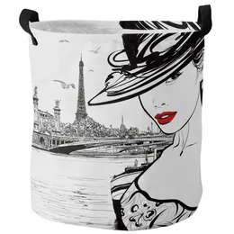 Sacs à linge Paris Seine Woman Eiffel Tower Red Lips Panier pliable Panier de grande capacité Organisateur de stockage étanche