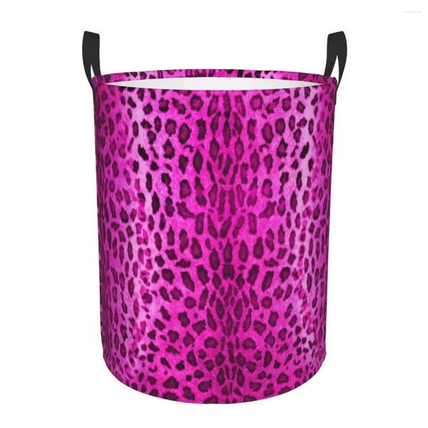 Bolsas de lavandería Pink Leopard Hamper Cesta de almacenamiento de ropa grande Juguetes con estampado de animales Organizador de contenedores para guardería