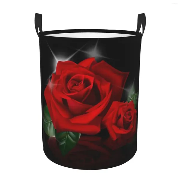 Bolsas de lavandería Rosas rojas Cesta circular con asa Portátil Impermeable Almacenamiento Cubo Dormitorio Caja de ropa Pequeña y mediana