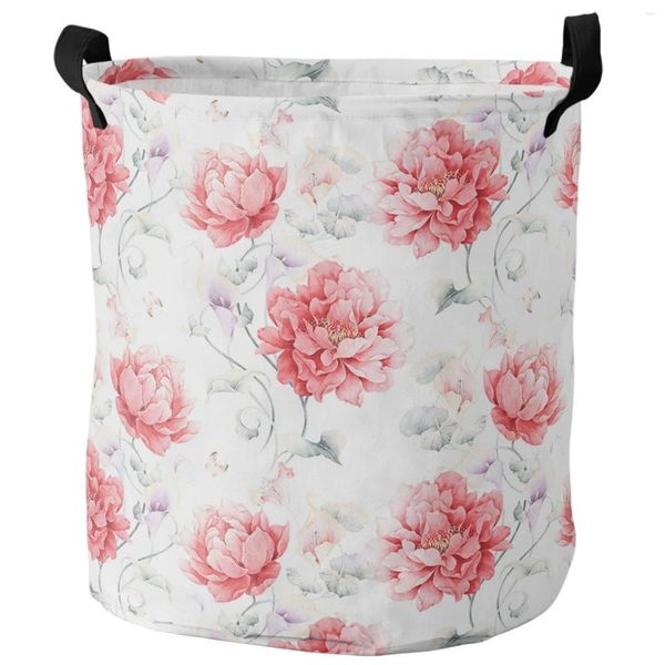 Sac à linges Red Watercolor Fleurs rétro pliable panier enfant rangement rangement étanche.