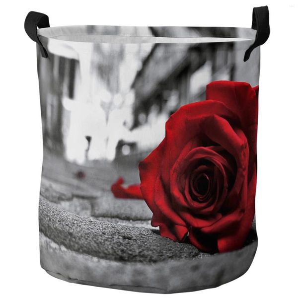 Sacs à linge Rose Red Flowers Retro Street Dirty Basket Foldable Imageproof Home Organizer Clothing Kids Toy Rangement