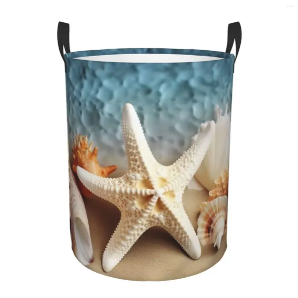 Sacs à linge Starfish Ocean Beach Imprimer Panier circulaire avec poignée Portable Seau de rangement étanche Chambre à coucher Boîte à vêtements