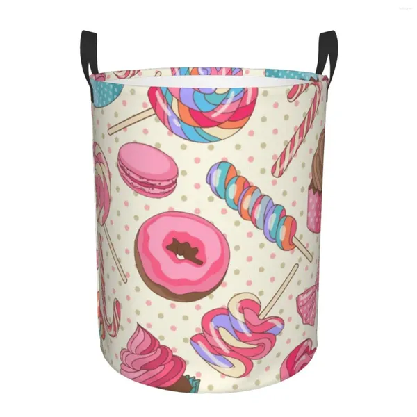 Sacs à linge Sacs à linge Sweet Lollipop Cupcake Imprimer Panier circulaire avec poignée Portable Seau de rangement étanche Chambre Boîte à vêtements