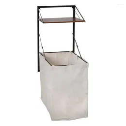 Bolsas de lavandería Combo de estante de cesta montado en la pared con diseño de madera que ahorra espacio Bolsa de lona desmontable Marco de acero resistente