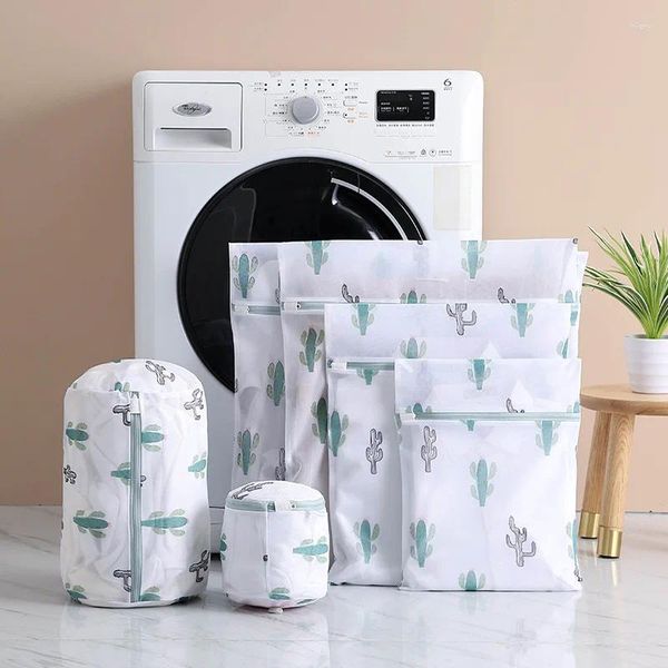 Bolsas de lavandería Bolsa de lavado para ropa sucia Calcetines de sujetador de lencería 6 PC/Set Polyester Mesh Hojas azules Cactus Cactus Impresión