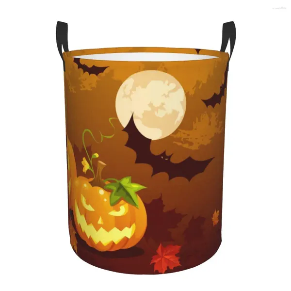 Bolsas de lavandería Bolsa de almacenamiento impermeable Halloween Moon Noche con murciélagos de calabaza Organizador de ropa de cubo de canasta sucia