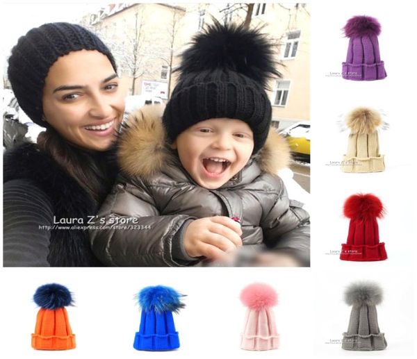 LAURASHOW Niños Invierno Mapache Sombrero de Piel de Zorro Niñas Niños Pompones de Piel Real Bola Gorros de Bebé Gorra Niños Sombreros de Punto D181106013452333