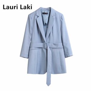 Lauri Laki élégant Blazer veste femmes avec ceinture solide bureau dames Fomral Ol trois quarts manches manteaux été 210930