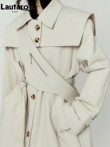 Lautaro Automne Cool Long Trench-Coat pour Femmes Col Marin Amovible Et Poches Ceinture Piste De Mode De Luxe Vêtements De Créateur 231226