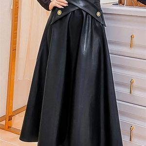 Lautaro automne taille haute noir doux Faux cuir jupe Midi femmes une ligne jupes longues pour vêtements de mode coréenne 220317