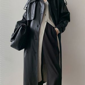 Lautaro Automne Long Surdimensionné Noir Faux Cuir Trench-Coat Pour Femmes Raglan À Manches Longues Double Boutonnage Marron Mode Coréenne 210916