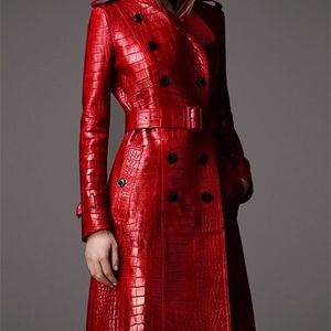 Lautaro herfst lange rode print lederen trenchcoat voor vrouwen riem dubbele breasted elegante Britse stijl mode 211110