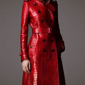 Lautaro herfst lange rode print lederen trenchcoat voor vrouwen riem dubbele breasted elegante Britse stijl mode 210909