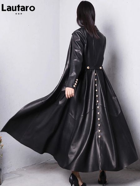 Lautaro automne longue jupe rouge noir simili cuir Trench manteau pour femmes Double boutonnage élégant luxe mode 4xl 5xl 6xl 7xl 240131