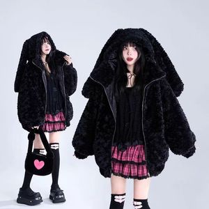 Lautaro herfst oversized zoete schattige zacht paarse zwarte faux bontjas vrouwen met konijnenoren kawaii losse donzige jas hoodie kabbit's oren