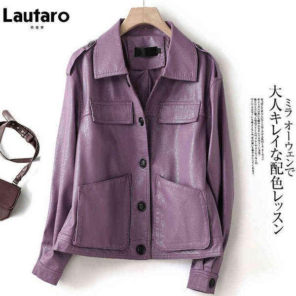 Lautaro automne violet Faux cuir vestes pour femmes goutte épaule à manches longues poches boutons noir décontracté mode coréenne 211118