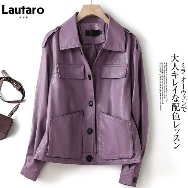 Lautaro Automne Violet Faux Vestes en cuir pour femmes Drop épaule manches longues poches boutons noir décontracté mode coréenne 211130