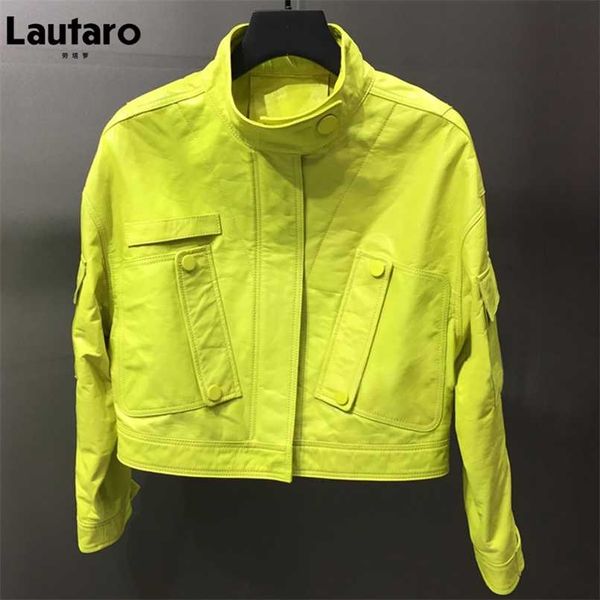 Lautaro Autumn Short Short Lemon Yellow Chaqueta de cuero para mujer Palabia con cremallera de manga larga Harajuku Y2K Roport Street Style 211007