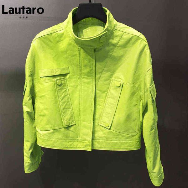 Lautaro otoño corto amarillo limón chaqueta de cuero mujer cremallera bolsillos manga larga color Harajuku Y2k ropa estilo callejero 211118