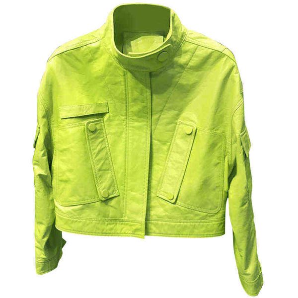 Lautaro otoño chaqueta corta de cuero amarillo limón mujer bolsillos con cremallera manga larga color Harajuku Y2k ropa estilo callejero 2021 L220728