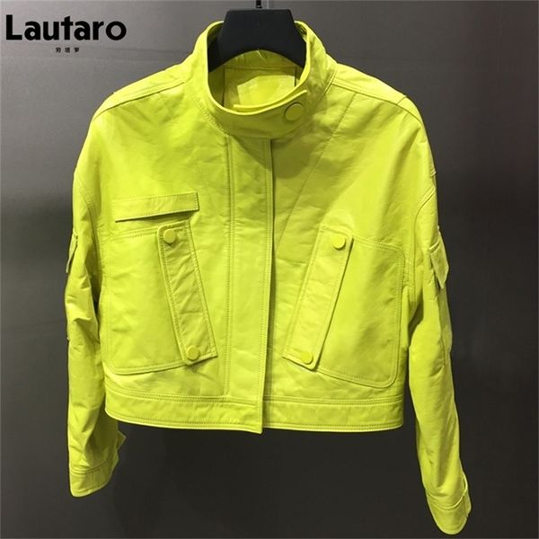 Lautaro otoño corto amarillo limón chaqueta de cuero mujer bolsillos con cremallera manga larga color Harajuku Y2k ropa estilo callejero 210908