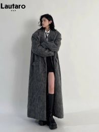 Lautaro herfst winterkleding vrouwen extra lange casual warm grijze wol blends jas vrouwen maxi donzige wollen overjas