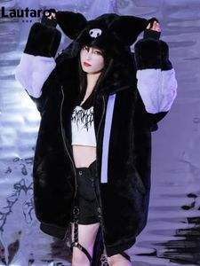 Lautaro automne hiver surdimensionné couleur bloc fausse fourrure manteau femmes Harajuku Kawaii doux mignon moelleux veste à capuche avec oreilles de lapin 240110