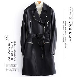 Lautaro noir longue veste en similicuir femmes avec de nombreuses poches fermeture à glissière ceinture revers printemps plus la taille trench en cuir pour les femmes 201028