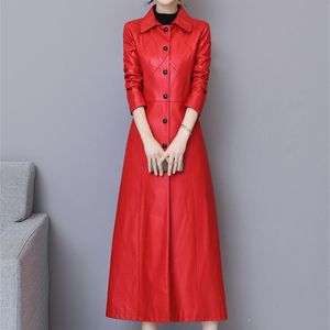 Lautaro Trench-Coat en cuir extra long pour femmes Rouge Noir Plus Vêtements de taille pour femmes 4XL 5XL 6XL 7XL Mode d'automne pour femmes 210201