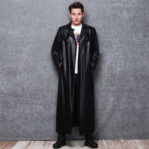 Lautaro long trench-coat en cuir noir hommes à manches longues double boutonnage printemps automne plus la taille en cuir pu vêtements pour hommes 6xl 7xl 211008