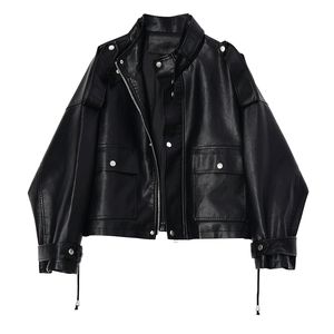 LAUTARO KORTE OVERSIAD LEDER JAAD Vrouwen lange mouw plus size losse zwarte ritsjack jas dames kleding vrouwen mode 201030