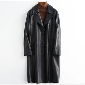 Lautaro Spring Automne Black Surdimension Leather Trench Coat pour femmes Sleeve Raglan Sleeve Loose Casual Elety Korean Fashion 231227