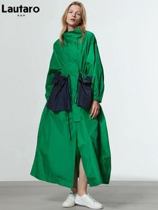 Lautaro printemps automne Extra Long surdimensionné vert Trench manteau pour les femmes avec de grandes poches cordon de luxe créateur de mode 240309