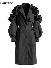 Lautaro Printemps Automne Long Noir Kaki Trench-Coat pour Femmes Ceinture Élégant Chic Élégant De Luxe Designer Vêtements Piste De Mode 240109
