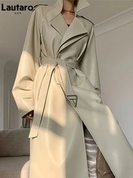 Lautaro Spring Automne Long Faux Trench Trench Coat For Women Belt Double Breasted Luxury Elegant Fashion 240423