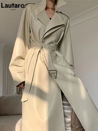 Lautaro Spring Automne Long Faux Trench Trench Coat For Women Belt Double Breasted Luxury Elegant Fashion 231227
