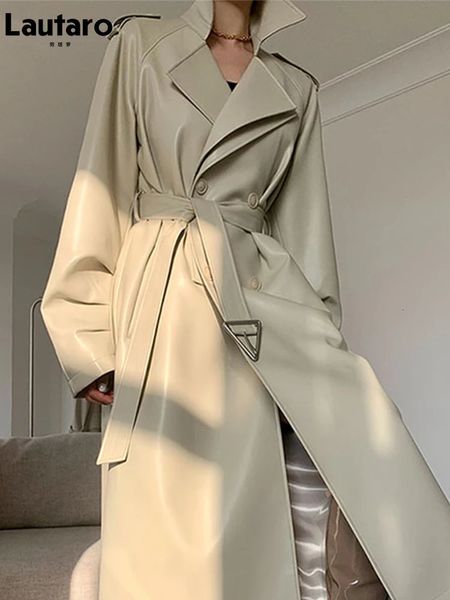 Lautaro Spring Automne Long Faux Trench Trench Coat For Women Belt Double Breasted Luxury Elegant Fashion 231227