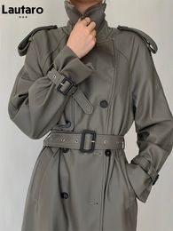 LAUTARO Spring herfst Long Gray Pu Leather Trench Coat For Women Raglan Sleeve Belt Runway Luxury Designer European Fashion 240423