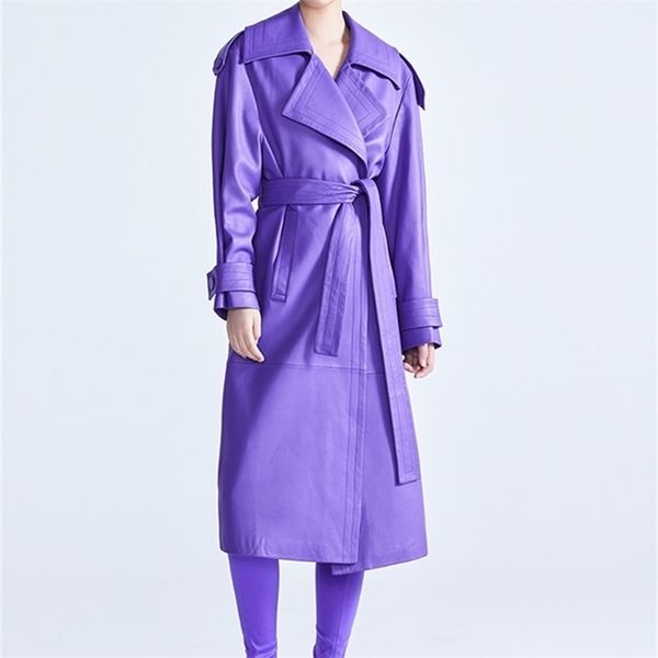 Lautaro printemps automne long luxe élégant violet couleur Faux cuir Trench pour femmes ceintures piste Designer mode 220815