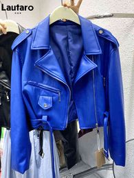 Lautaro Spring Autumn Short Blue Soft Pu Leather Biker Jacket Women Zipper Long Sleeve Belt Cool Luxury Designer Clothes 2022 L220728